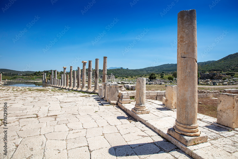 Patara (Pttra). Ruins of the ancient Lycian city Patara. Amphi-theatre and the assembly hall of Lycia public. Patara was at the Lycia (Lycian) League's capital. Aerial view shooting. Antalya, TURKEY