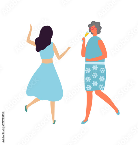 Drunk woman with glass of champagne and dancing lady back view isolated cartoon character in flat style. Vector brunette girls at dance party, females at concert