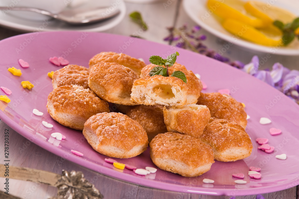 Puff pastries with custrad cream. Puff pastries with custrad cream.