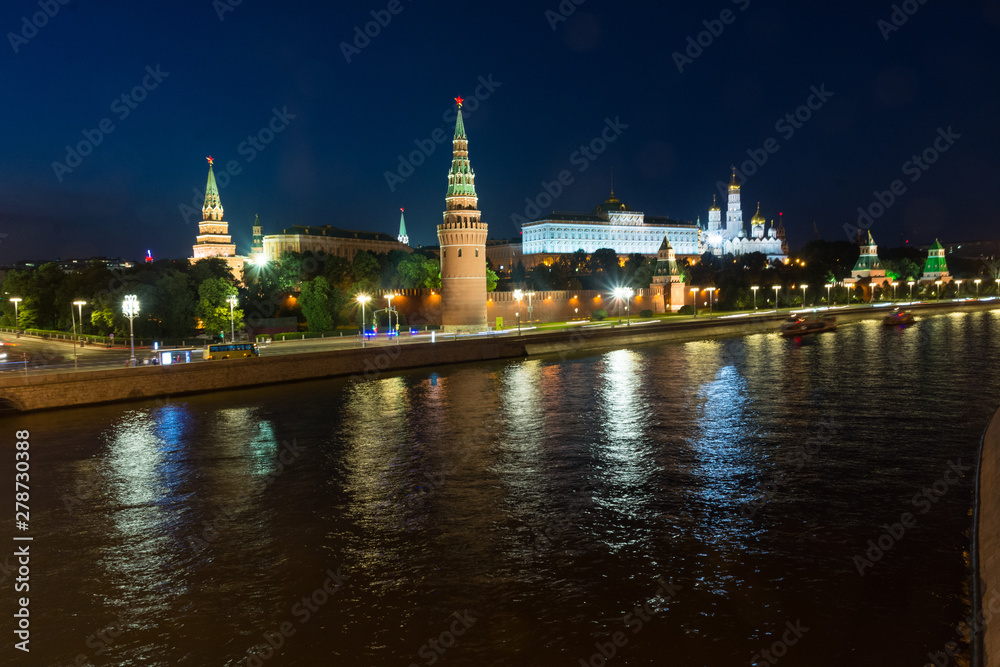 Night view of Moscow Kremlin over Moscow river, Russia