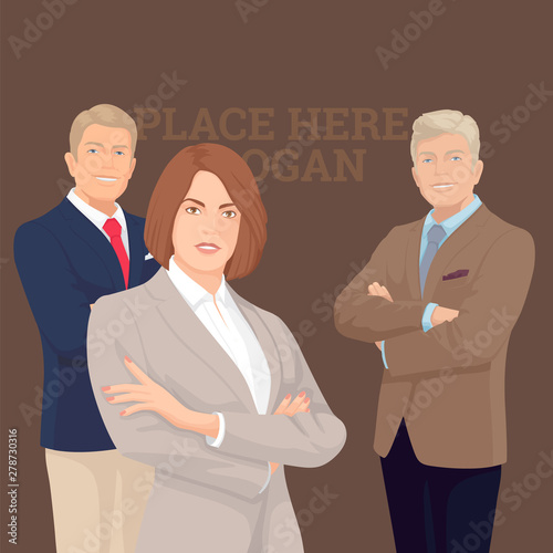Teamwork. Busines peoples. Managers. Businessmans. Business Woman smiling. People character. Front view peoples. Standing Person.