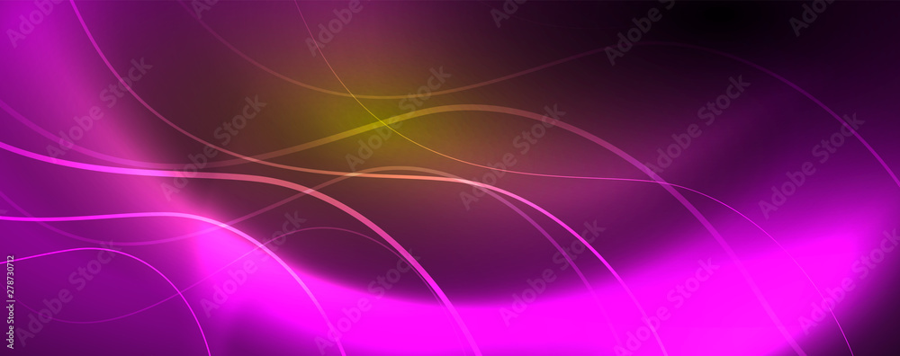 Bright neon circles and wave lines, glowing shiny background design template, digital techno concept. Bright neon circles and wave lines, glowing shiny background design template, digital techno concept.