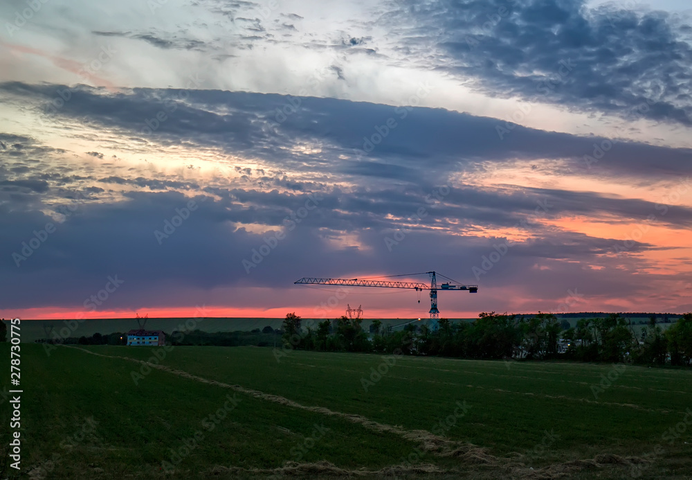 Landscape with building and silhouette of the crane in the field. Landscape with building and silhouette of the crane in the field.