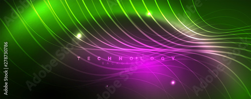 Shiny neon lines template - northern lights glowing blur lines. Futuristic style glow neon 80s disco club or night party techno template