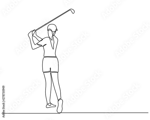 Continuous line drawing of the Golfer hit the ball in full swing to compete. Healthy Sport. Sporty woman golfer player doing golf. Healthy Lifestyle Concept isolated on white background.