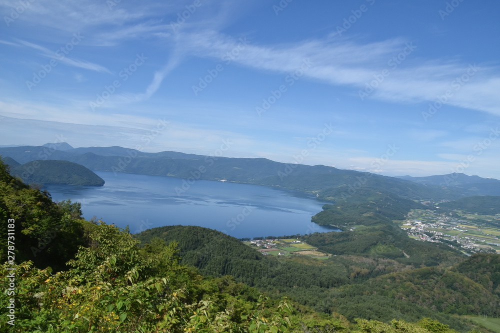 Landscape with Lake Toya and forest in Hokkaido, Japan