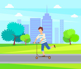 Summertime sport activities, boy in city park. Person standing on scooter, teenager in casual clothes balancing on urban transport, child cartoon character