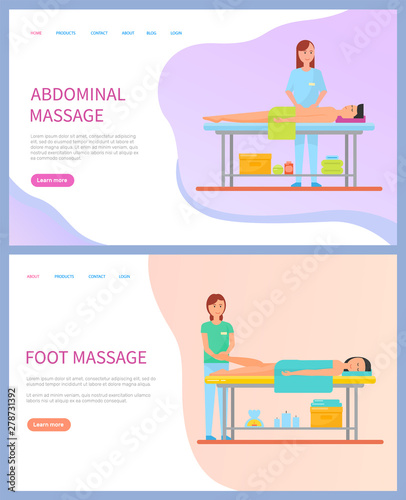 Masseuse doing abdominal and foot massage for clients vector. Web page with flat people making spa procedures and lying on table, healthcare and relaxation