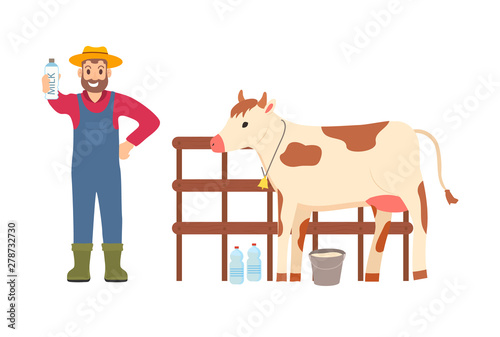 Man standing by cow vector, farmer showing ready production, milkman with milk in bottle and cattle standing at stables, livestock tending and care