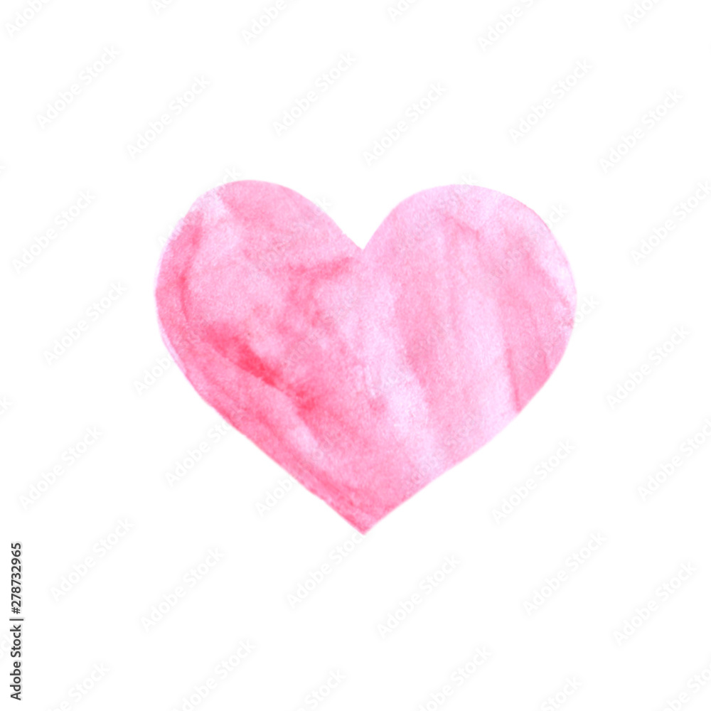 Pink Red watercolor heart isolated on white background. Gentle, romantic background for design of cards, invitations, etc