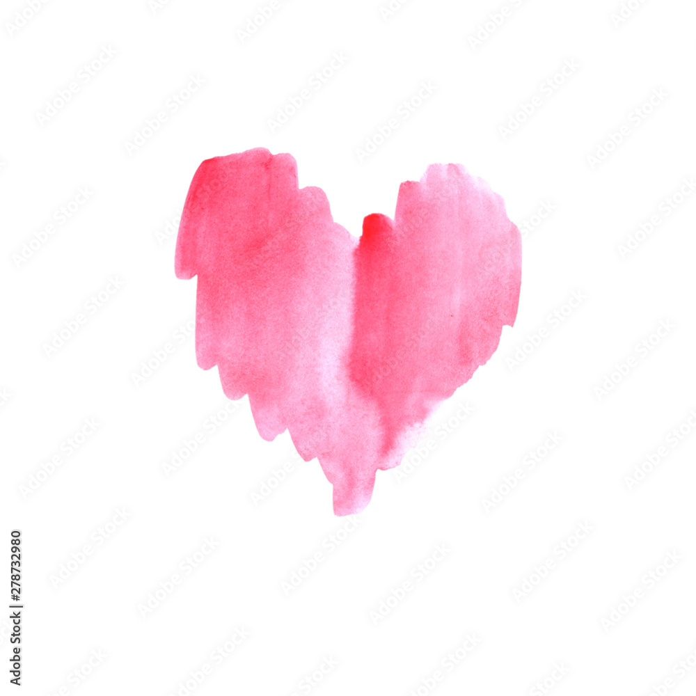 Red watercolor heart isolated on white background. Gentle, romantic background for design of cards, invitations, etc
