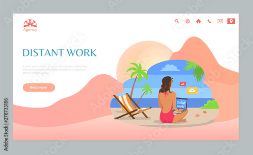 Woman freelancer using laptop on tropical beach, girl sitting on sand with wireless device, back view of person in swimsuit, distant work online vector. Website or frelance webpage, landing page