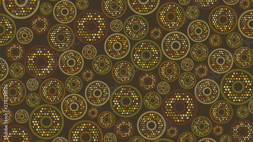 Abstract background consisting of non-intersecting colored round shaped elements evenly distributed on brown.