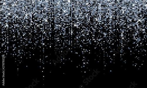 Silver confetti falling, sparkling glitter background. Vector carnival party silver confetti shine on black background