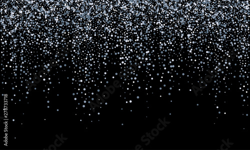 Silver confetti falling, glitter snow shine and glow on black vector background. Carnival birthday party sparkling silver confetti fall background