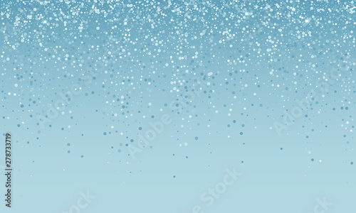 Silver confetti falling on blue white holiday background. Vector carnival party glitter, sparkling shine confetti background