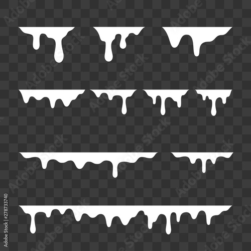 White melt drips, milk or liquid paint drops. Vector graffiti drip splatter splash or yogurt syrup leak drop borders