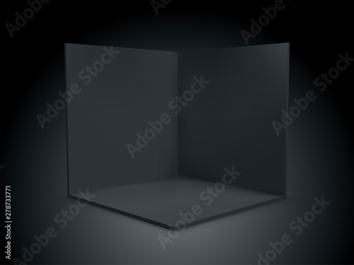 Cube box 3D, corner room inside interior cross section. Vector black transparent empty geometric square 3D cube box inside template