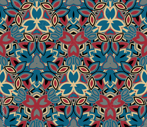 Kaleidoscope seamless pattern, background. Colorful abstract shapes. Useful as design element for texture and artistic compositions.