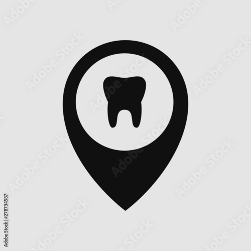 Tooth in location marker pin icon. Dental hospital location icon concept.