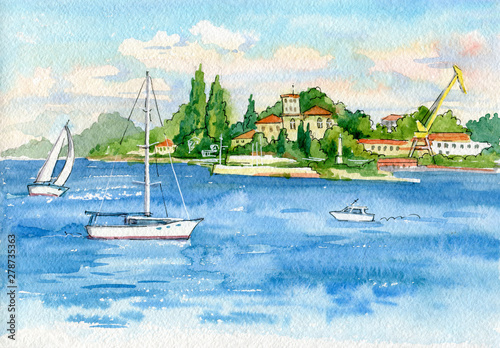 Beautiful watercolor landscape. View of the sea and ships in the port. Southern Bay of Sevastopol. Crimea.