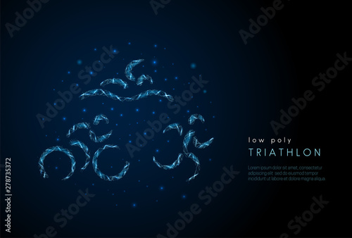 Triathlon symbol - running, swimming and cycling men. Low poly style design.