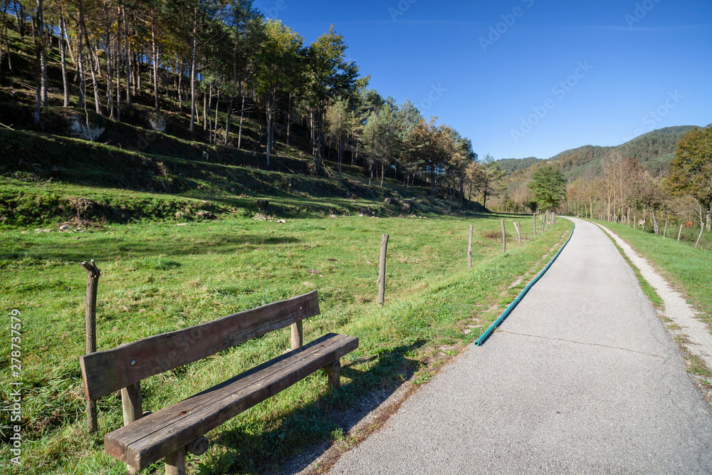 Ruta del Ferro, Iron and Coal Route, Old railway transformed in trail walk or bike ride. Villages of Sant Joan de les Abadesses and Ripoll, in Ripolles area, Catalonia, Spain.