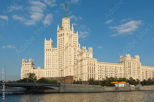 Moscow skyscraper from the time of Stalin's rule on the Moscow river, Moscow Russia