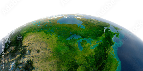 Detailed Earth on white background. North America. United States and Canada. Great Lakes. photo