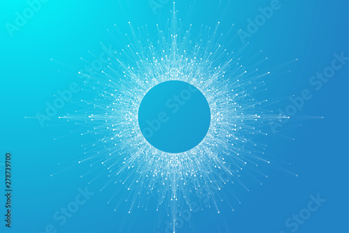 Expansion of life. Blue explosion background with connected line and dots, wave flow. Visualization Quantum technology. Abstract graphic background explosion, motion burst, vector illustration.