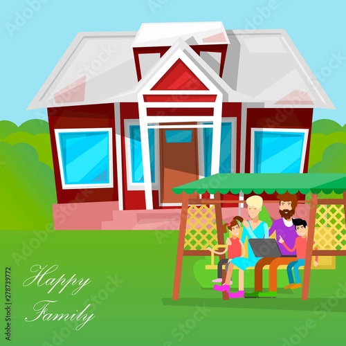 Happy family vector cartoon characters illustration. Happy family near their country house sitting with laptop on bench. Young parents and children are resting in nature.