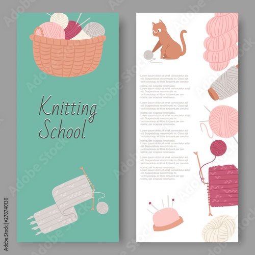 Knitting school and arts and crafts vector set of banners. Wool balls, knitted goods and knitting tools woolen scarf with hook, yarn and cartoon kitten. Hobby concept.
