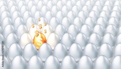 Golden egg with golden dollar symbols among ordinary white eggs, concept of forecasting investment financial success, choice of venture capital investment. Vector illustration