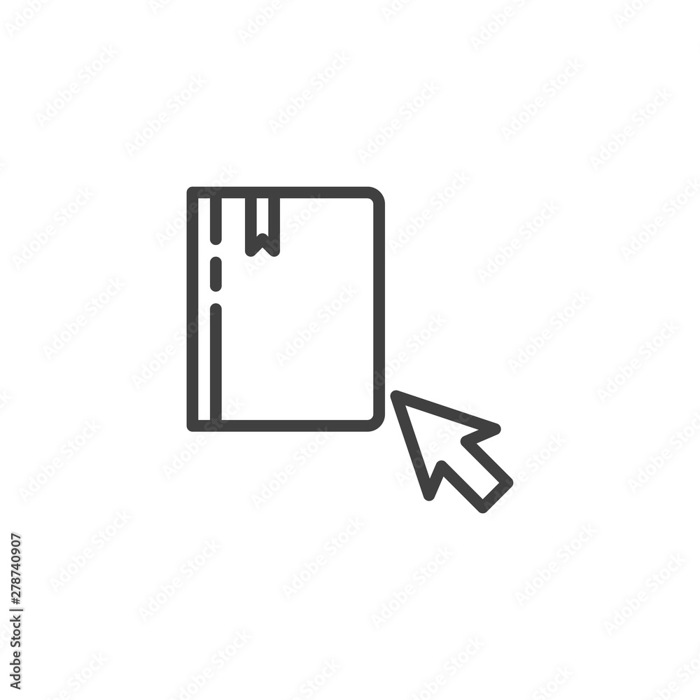 eBook with mouse cursor arrow line icon. linear style sign for mobile concept and web design. Book and computer mouse outline vector icon. Symbol, logo illustration. Vector graphics eBook with mouse cursor arrow line icon. linear style sign for mobile concept and web design. Book and computer mouse outline vector icon. Symbol, logo illustration. Vector graphics