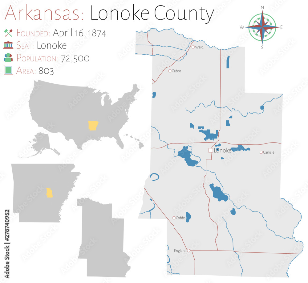Large and detailed map of Lonoke county in Arkansas, USA