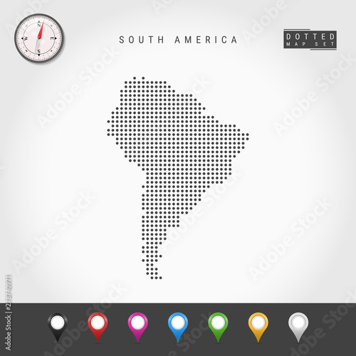 Vector Dots Map of South America. Simple Silhouette of South America. Realistic Vector Compass. Multicolored Map Pins