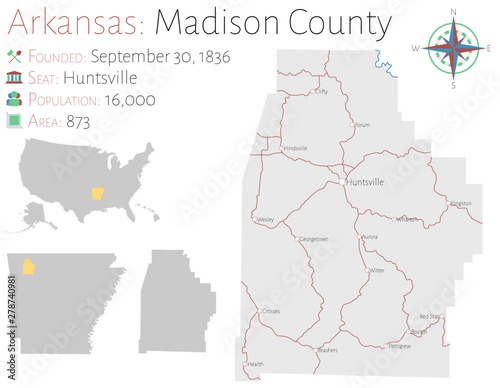 Large and detailed map of Madison county in Arkansas, USA