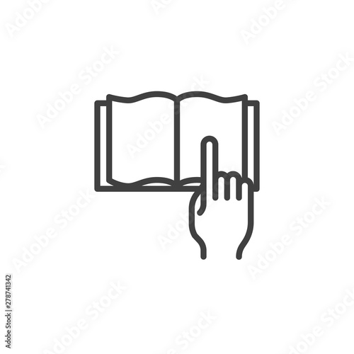 Reading book line icon. linear style sign for mobile concept and web design. Hand pointing on open book pages outline vector icon. E-learning symbol, logo illustration. Vector graphics