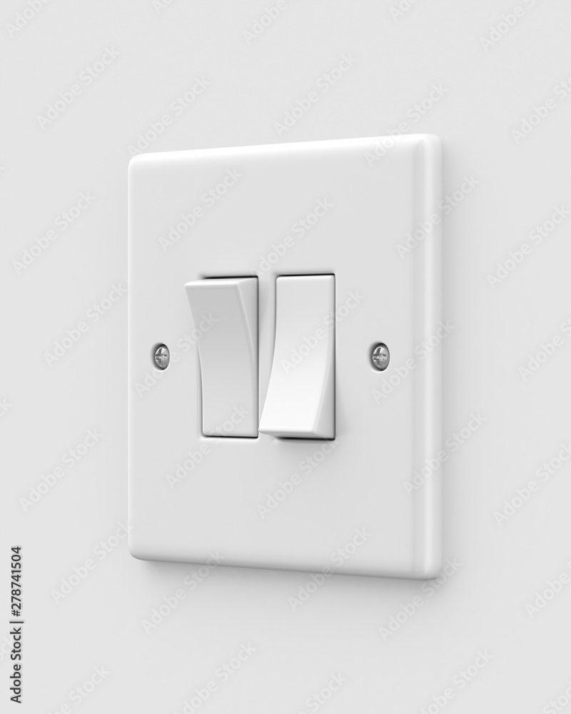 Double light switch on a light grey background. 3d render. Angled view. Isolated Objects Series. Double light switch on a light grey background. 3d render. Angled view. Isolated Objects Series.