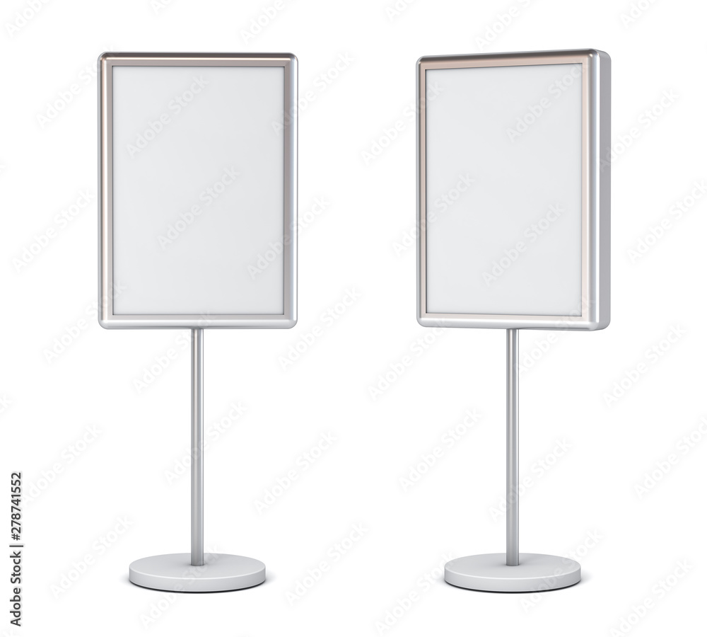 Blank poster sign with pole stand Blank mock up information signage board or advertising billboard light box set isolated on white background with shadow 3D rendering Blank poster sign with pole stand Blank mock up information signage board or advertising billboard light box set isolated on white background with shadow 3D rendering
