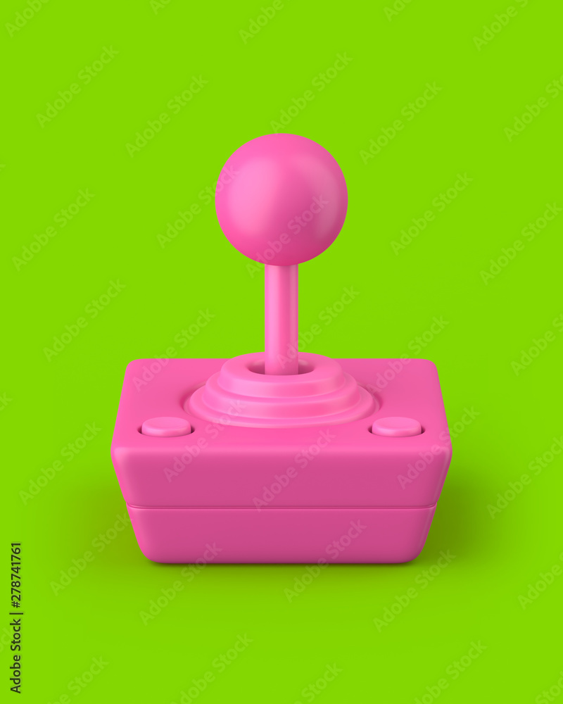 Pink retro joystick on a green background. 3d render. Angled view. Kitsch Art Series.