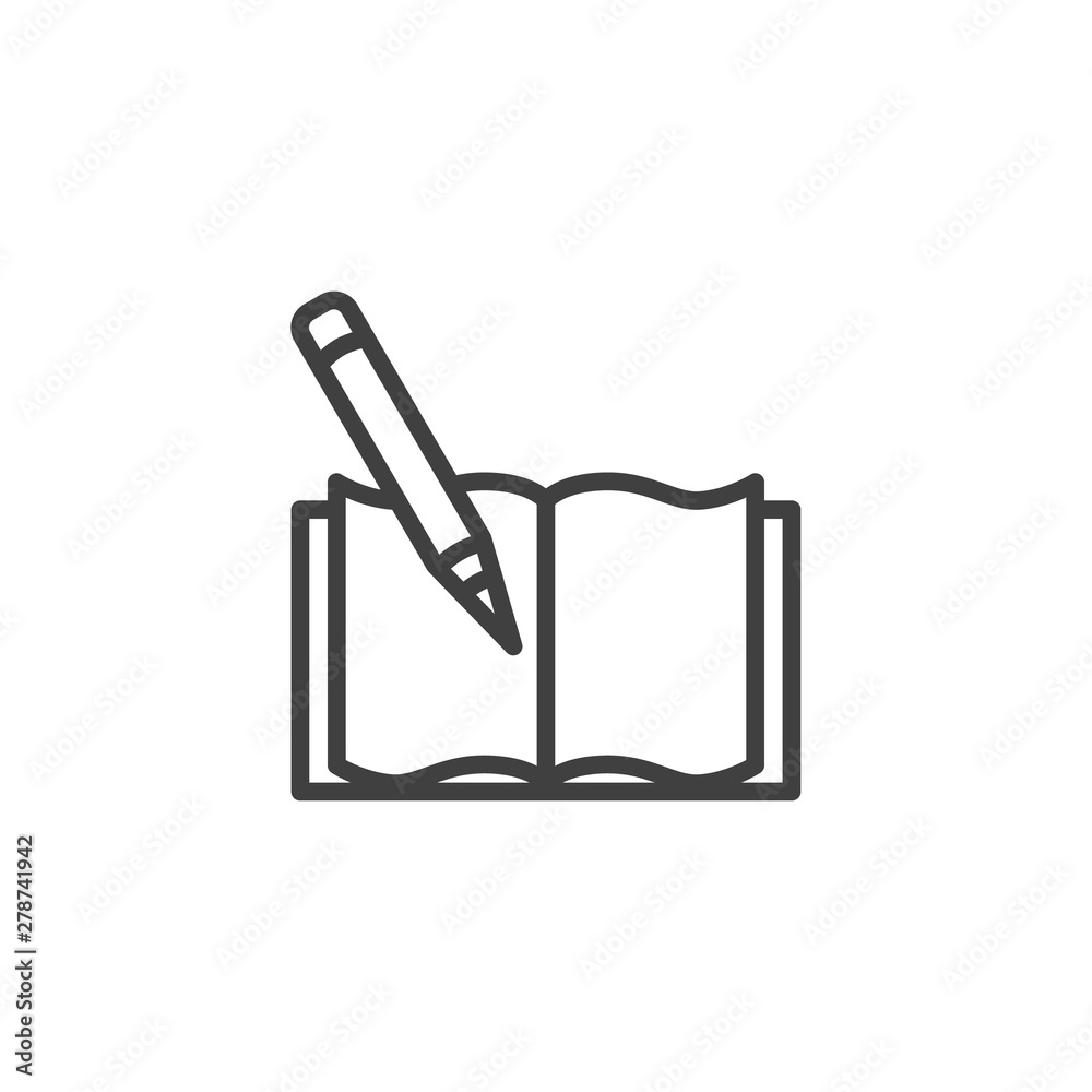 Book with pencil line icon. linear style sign for mobile concept and web design. Text book and pen outline vector icon. Education symbol, logo illustration. Vector graphics Book with pencil line icon. linear style sign for mobile concept and web design. Text book and pen outline vector icon. Education symbol, logo illustration. Vector graphics