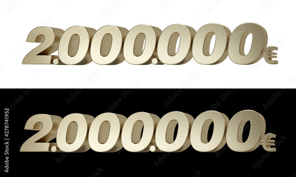 2.000.000€ Two millions of euros. Metallic gold 3D numbers. Stock  Illustration