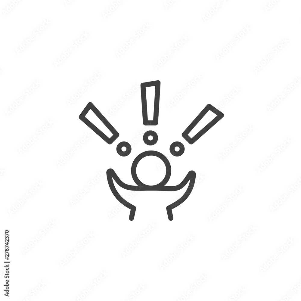 Man with exclamation marks line icon. linear style sign for mobile concept and web design. Panic, exclamation outline vector icon. Symbol, logo illustration. Vector graphics Man with exclamation marks line icon. linear style sign for mobile concept and web design. Panic, exclamation outline vector icon. Symbol, logo illustration. Vector graphics