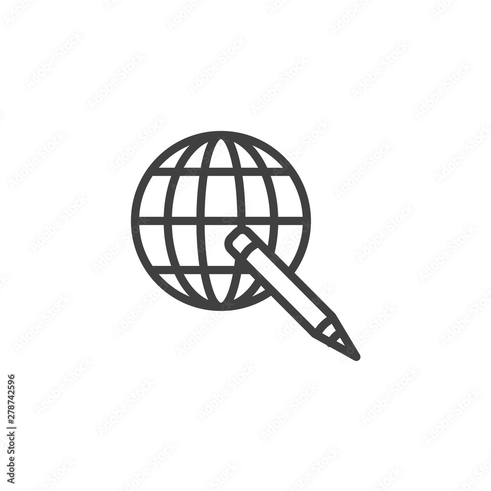 Globe and pen line icon. linear style sign for mobile concept and web design. International education outline vector icon. e learning symbol, logo illustration. Vector graphics Globe and pen line icon. linear style sign for mobile concept and web design. International education outline vector icon. e learning symbol, logo illustration. Vector graphics