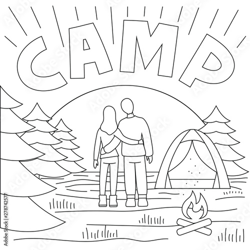 A couple in love stands and looks at the sunset. Nature, camping. Vacation with a tent. Campfire. In the distance tree. Black outline on white background. Vector