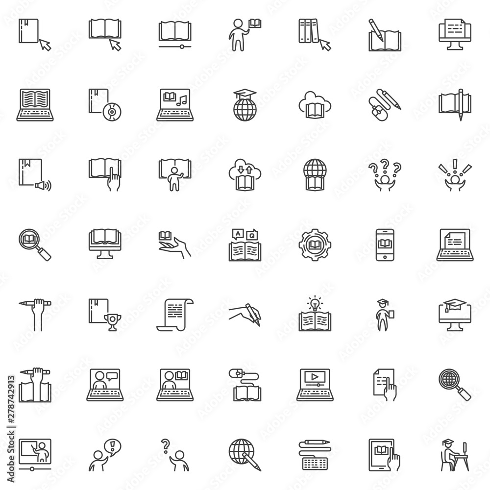 Education and e learning line icons set. linear style symbols collection, outline signs pack. vector graphics. Set includes icons as eBook library, audiobook, book, online bookstore, Graduation cap