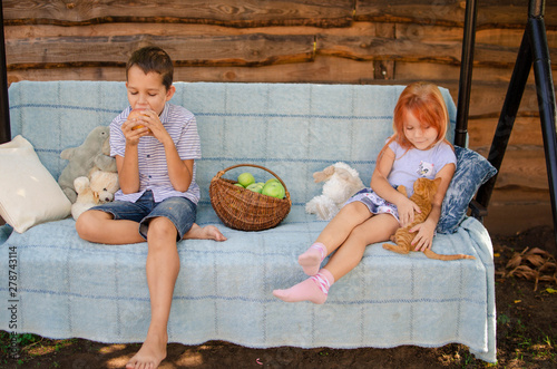 Brother and sister in the garden on the garden swing eating apples. Happy carefree childhood in the village. Smiling children with a red kitten