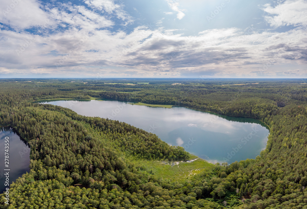 The lakes Glublia and  Glubelka in the forest. National park Narochiansky, Belarus. Drone aerial photo