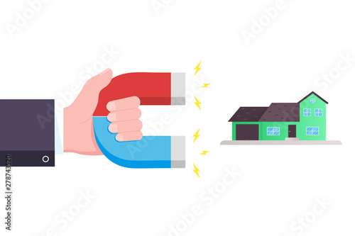 Hand hold red and blue horseshoe magnet icon sign attract house. Real estate concept flat style design vector illustration isolated on white background.